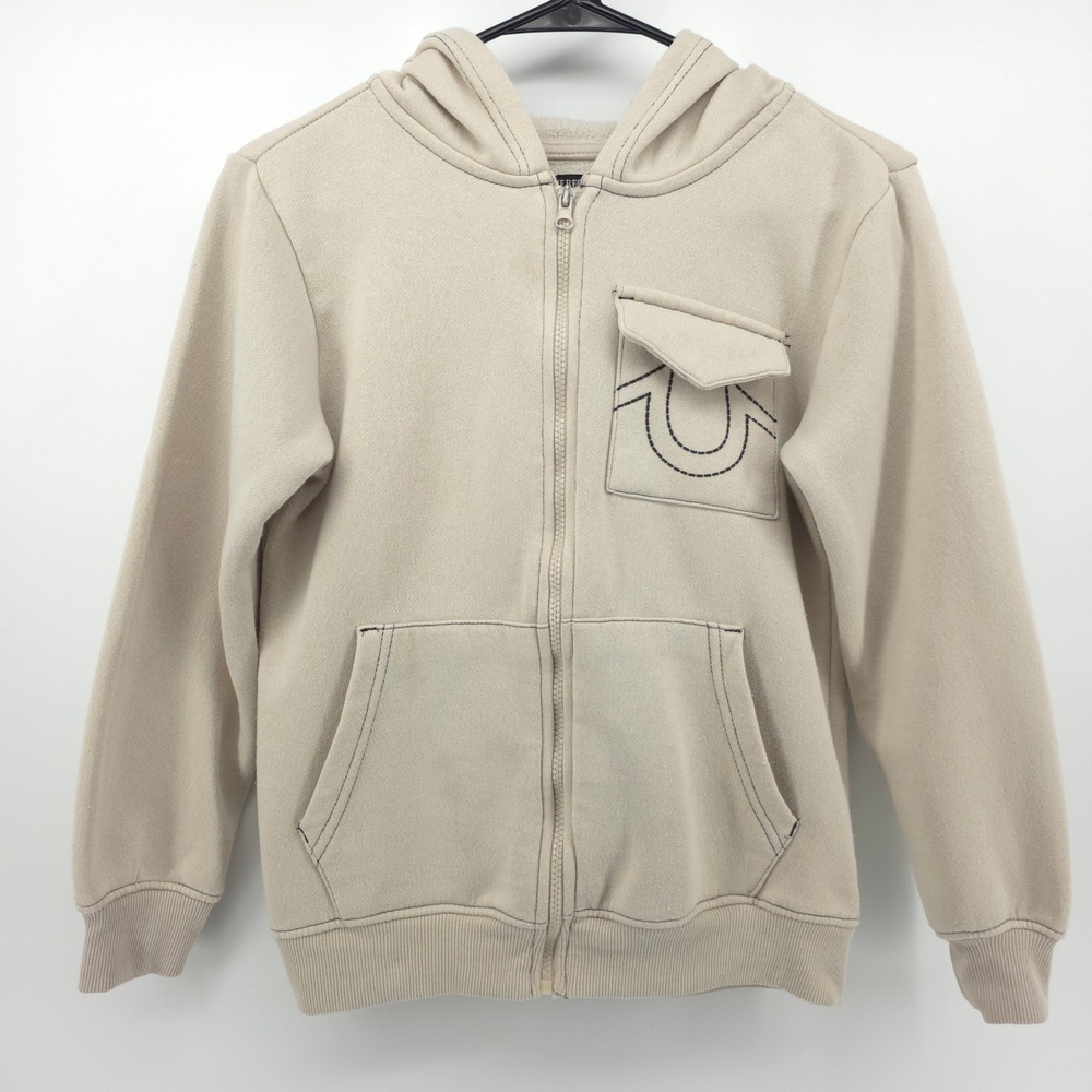 True Religion Buddha Graphic Kids Full Zip Hoodie M 10/12 Beige Streetwear